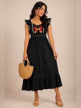 SHEIN Frida Kahlo Inspired Embroidered Rose Black Midi Maxi Dress Size L